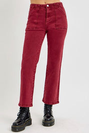 RISEN Full Size High Rise Straight Jeans with Patch Pockets Wine