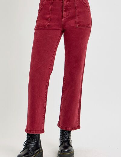 RISEN Full Size High Rise Straight Jeans with Patch Pockets Wine