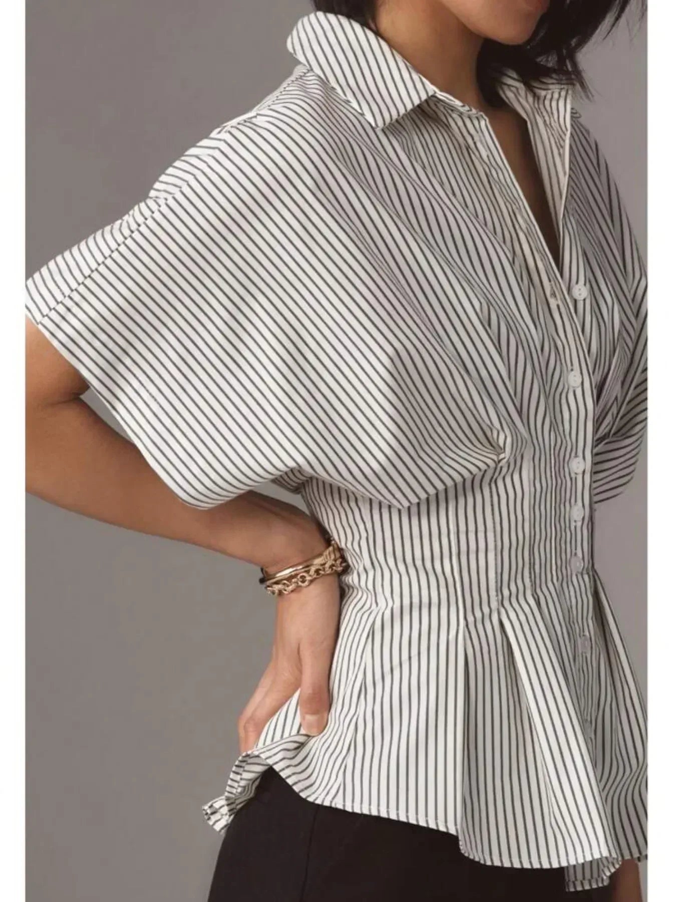 Striped Short Sleeve Button-Up Shirt - DAVERRI FASHIONS