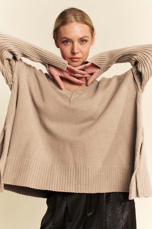 Davi & Dani Ribbed Side Slit V-Neck Sweater - DAVERRI FASHIONS