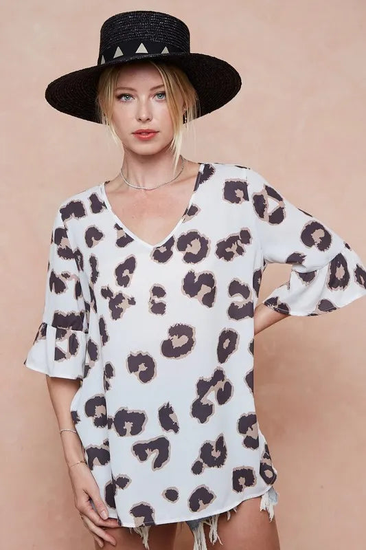 BiBi Leopard Printed V Neck Woven Top with Ruffled | Blouses Daverri Fashions