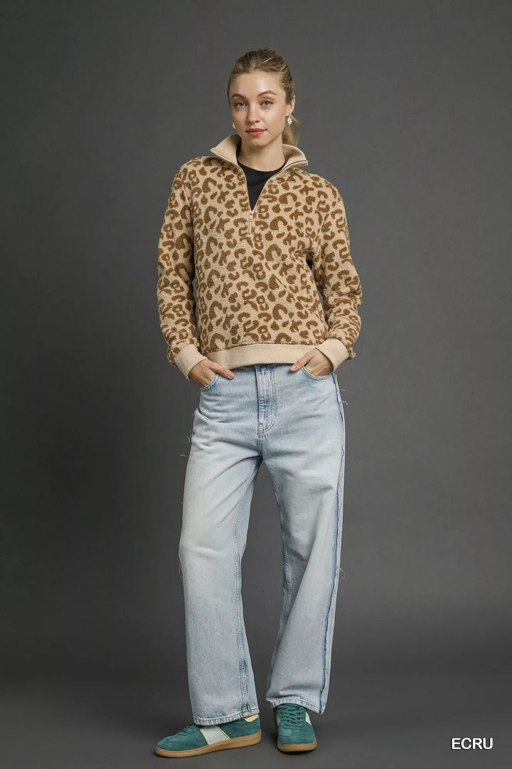 Umgee Leopard Print Quarter-Zip Sweatshirt | Sweatshirts Daverri Fashions