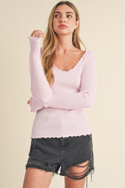 Aemi + Co Lettuce Hem Scoop Neck Long Sleeve Knit Top | Tops Daverri Fashions