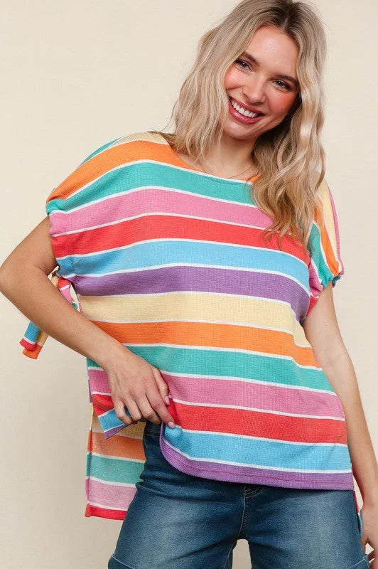 Feeling Bold Multicolor Stripe Dolman Bow Tie Sleeve Top | Daverri Fashions