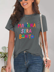 Grey short-sleeved t-shirt with Mañana Será Bonito lettering and white strap bag