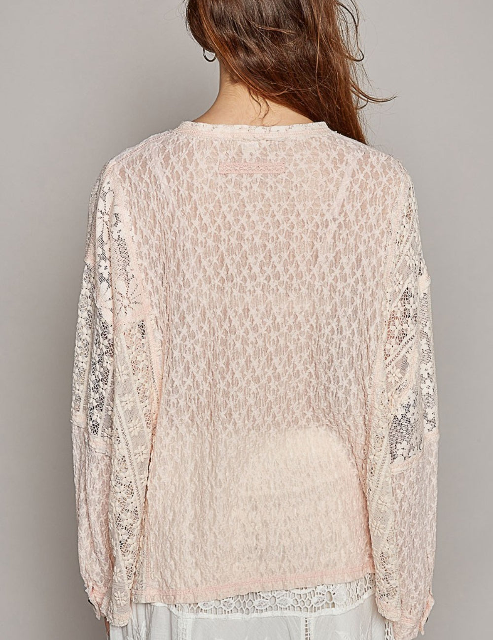 POL Round Neck Long Sleeve Raw Edge Lace Top