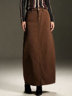 Raw hem maxi denim skirt with long straight cut, button front and stitching