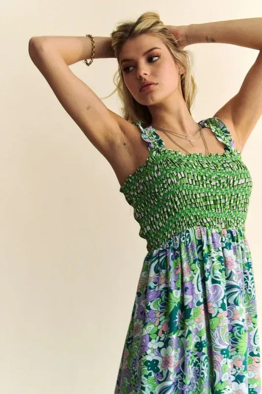 Davi & Dani Multi Smocked Bodice Geo Ruffle Strappy Midi Dress - DAVERRI FASHIONS