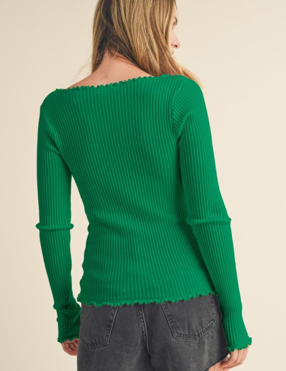 Aemi + Co Lettuce Hem Scoop Neck Long Sleeve Knit Top