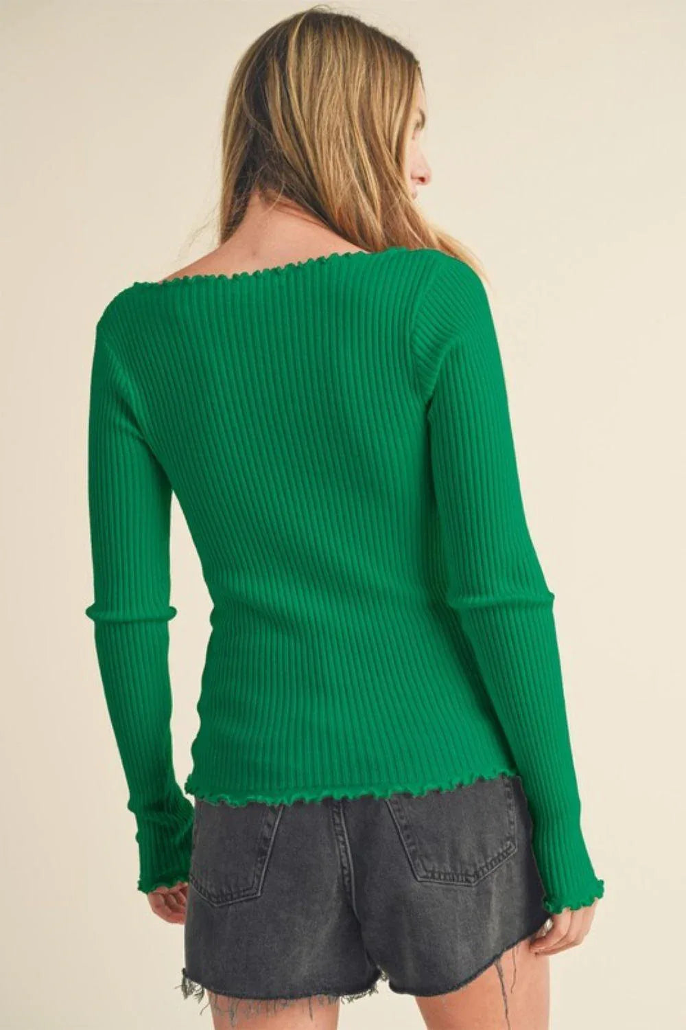 Aemi + Co Lettuce Hem Scoop Neck Long Sleeve Knit Top - DAVERRI FASHIONS