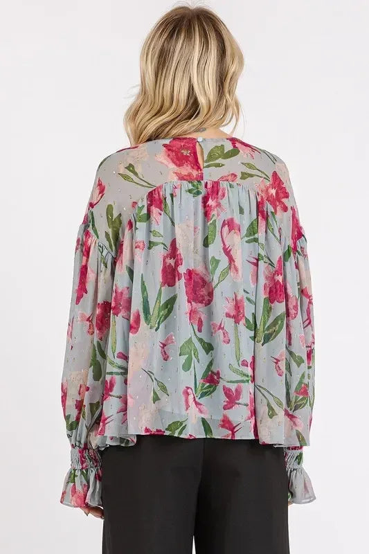 Mittoshop Floral Round Neck Flounce Sleeve Blouse - DAVERRI FASHIONS
