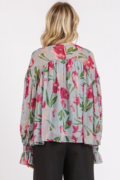 Mittoshop Floral Round Neck Flounce Sleeve Blouse