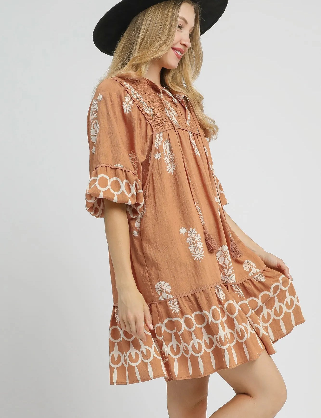 Umgee Boarder Print Tassel Tie Neck Mini Dress | Mini Dresses Daverri Fashions