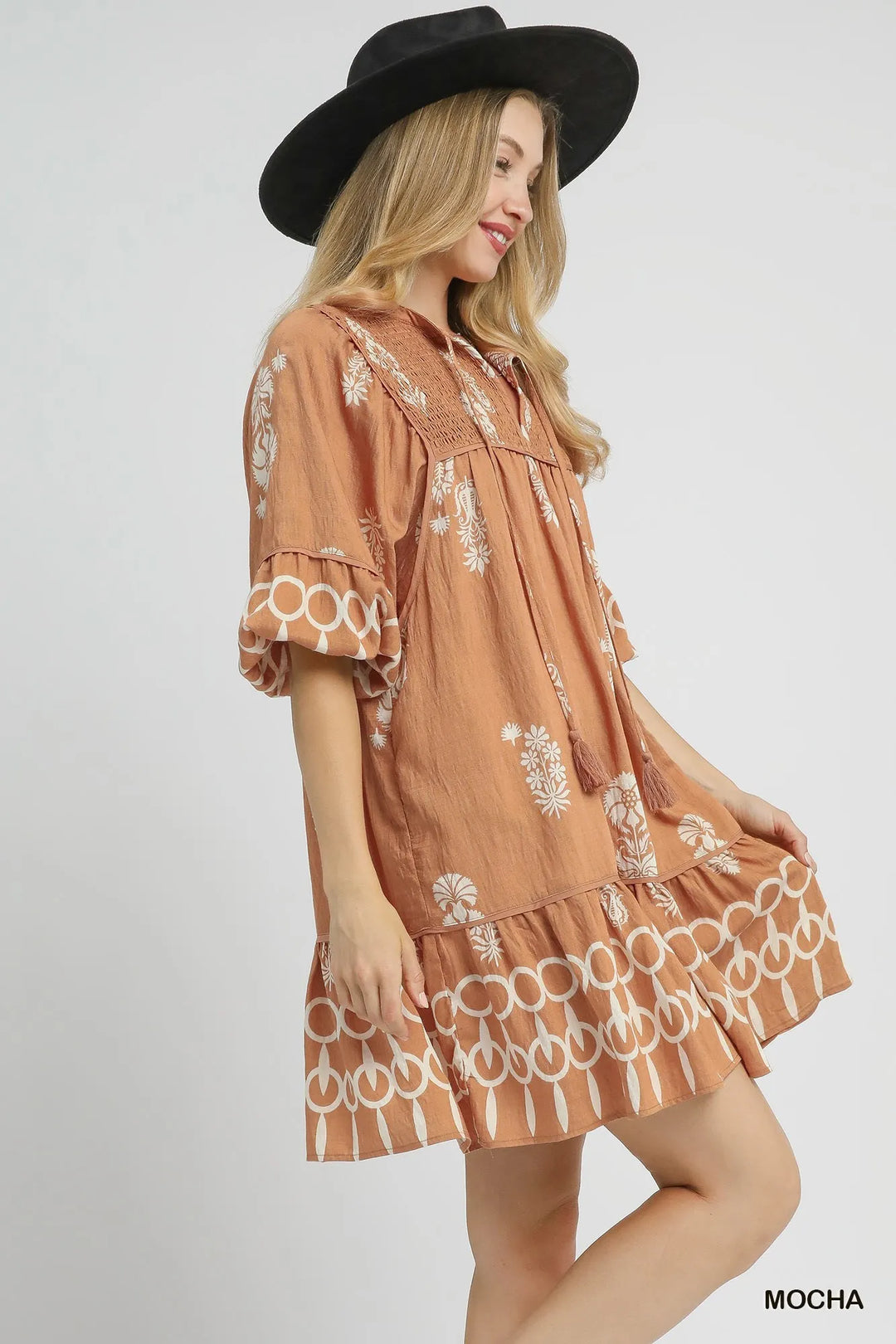 Umgee Boarder Print Tassel Tie Neck Mini Dress Mini Dresses