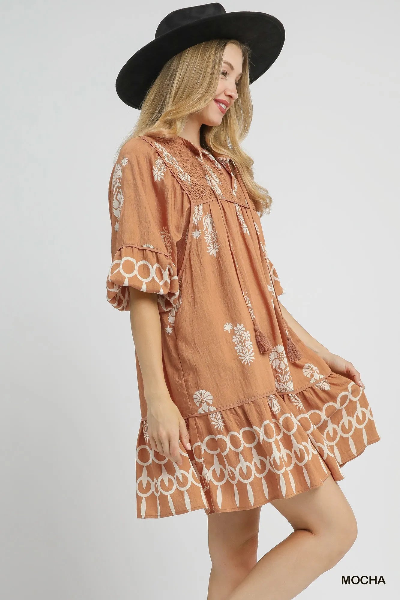 Umgee Boarder Print Tassel Tie Neck Mini Dress Mini Dresses