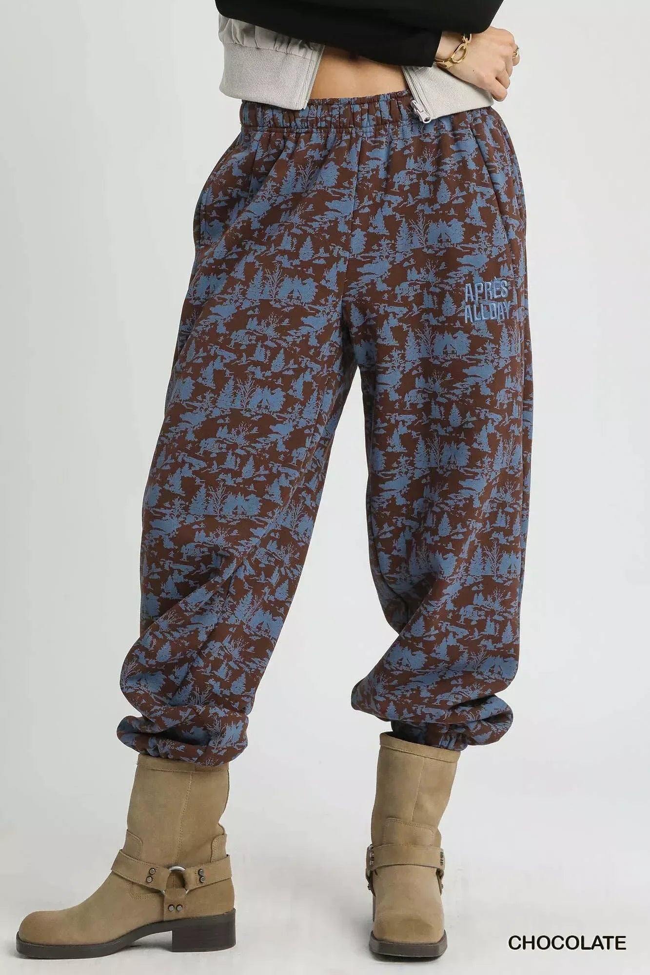 Umgee Scenic Print Casual Sweatpants Chocolate - DAVERRI FASHIONS