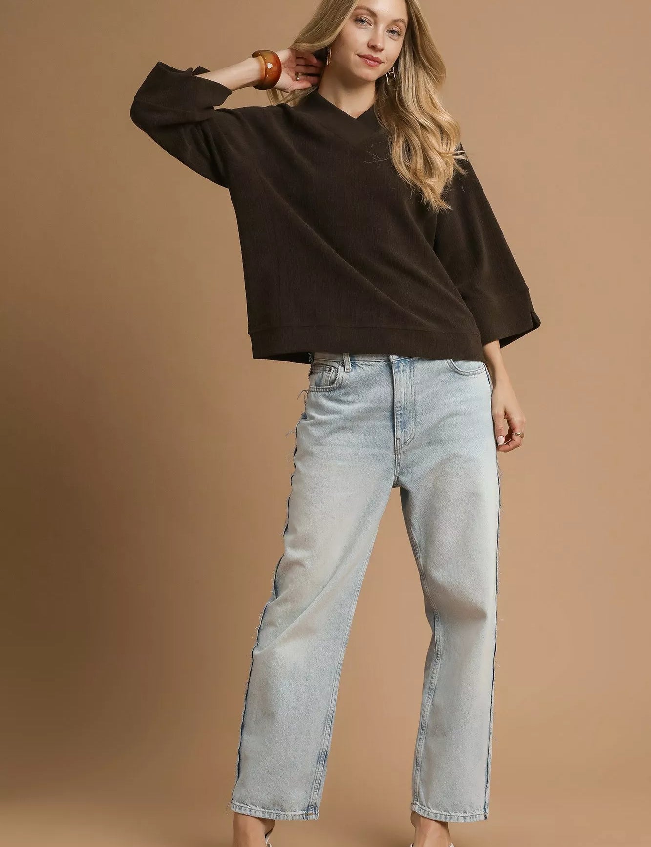 Umgee Textured Knit V-Neck Top Chocolate | Blouses Daverri Fashions