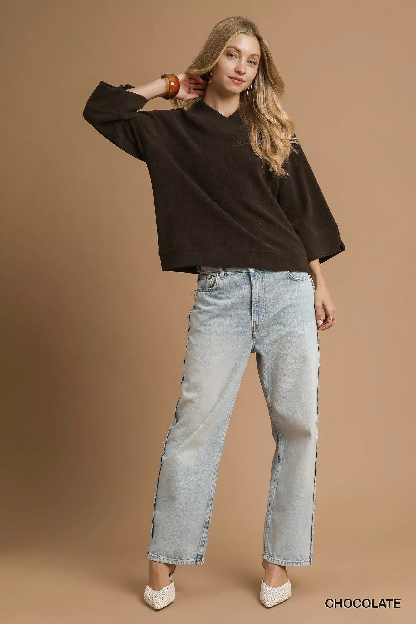 Umgee Textured Knit V-Neck Top Chocolate | Blouses Daverri Fashions
