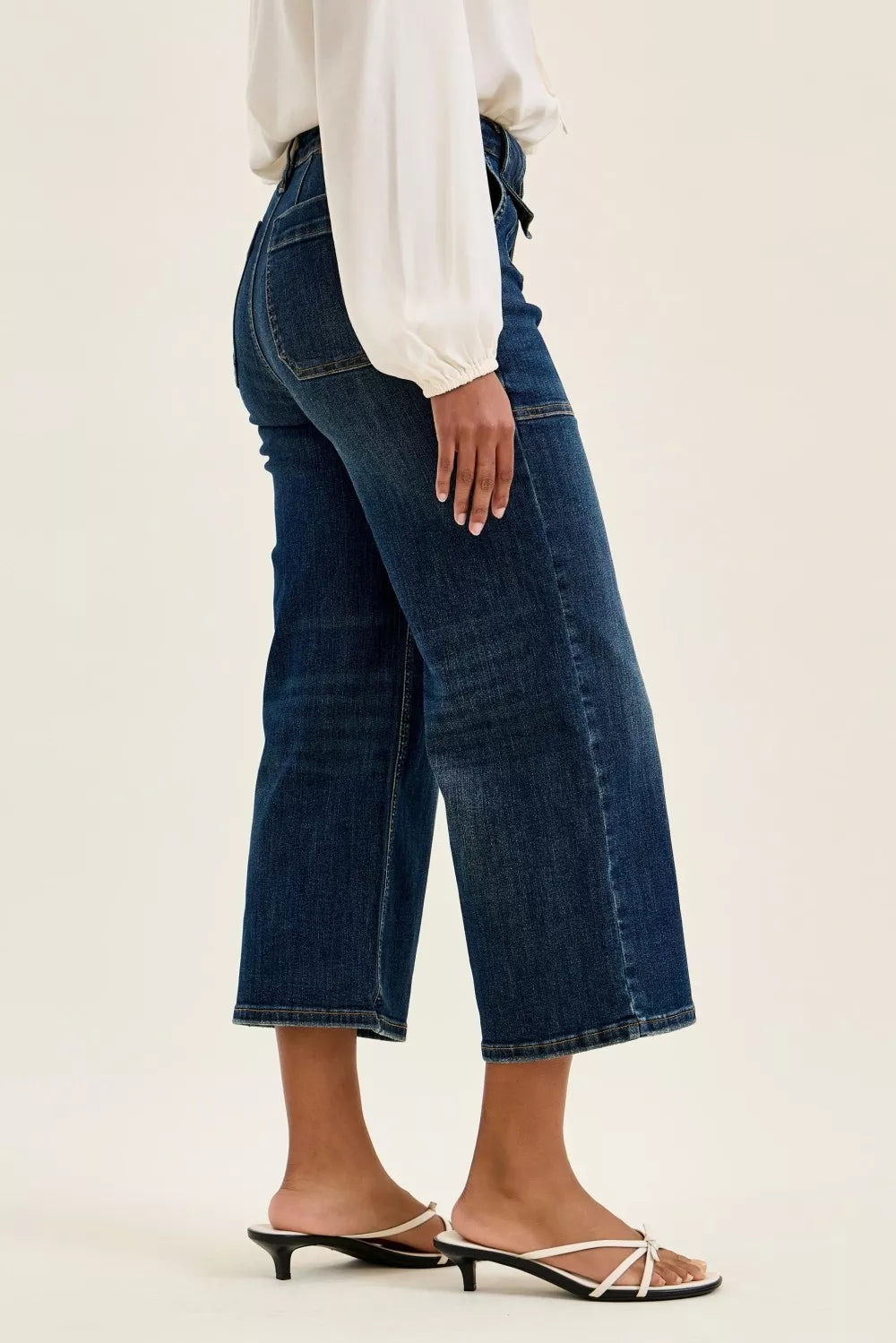 Judy Blue high waist wide crop utility jeans in dark blue denim with patch pocket