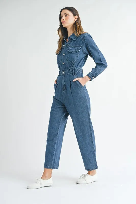 MABLE Cinched Waist Straight Leg Denim Jumpsuit Jumpsuits