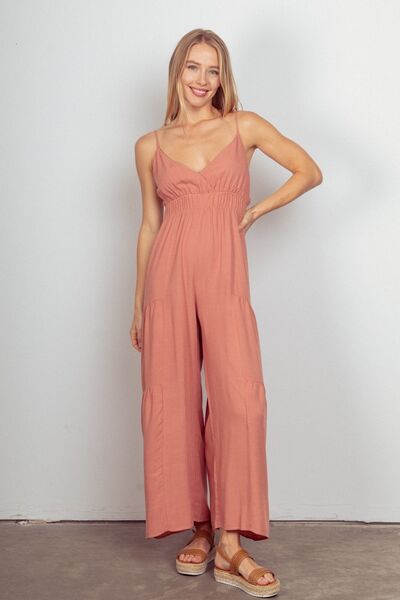 VERY J Sleeveless Ruched Wide Leg Jumpsuit Blush