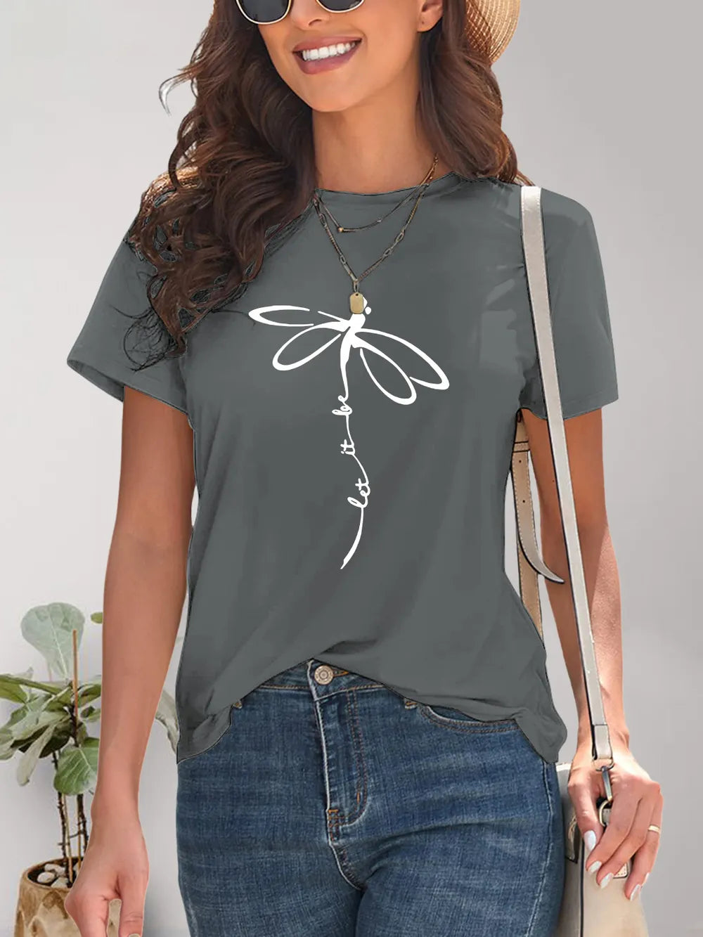 Charcoal gray dragonfly print short sleeve round neck t-shirt