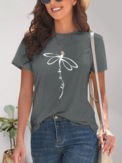 Charcoal gray dragonfly print short sleeve round neck t-shirt