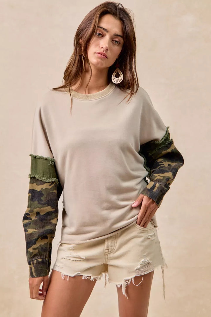 BiBi Camo Sleeve French Terry Top with Frayed Edge | Daverri Fashions