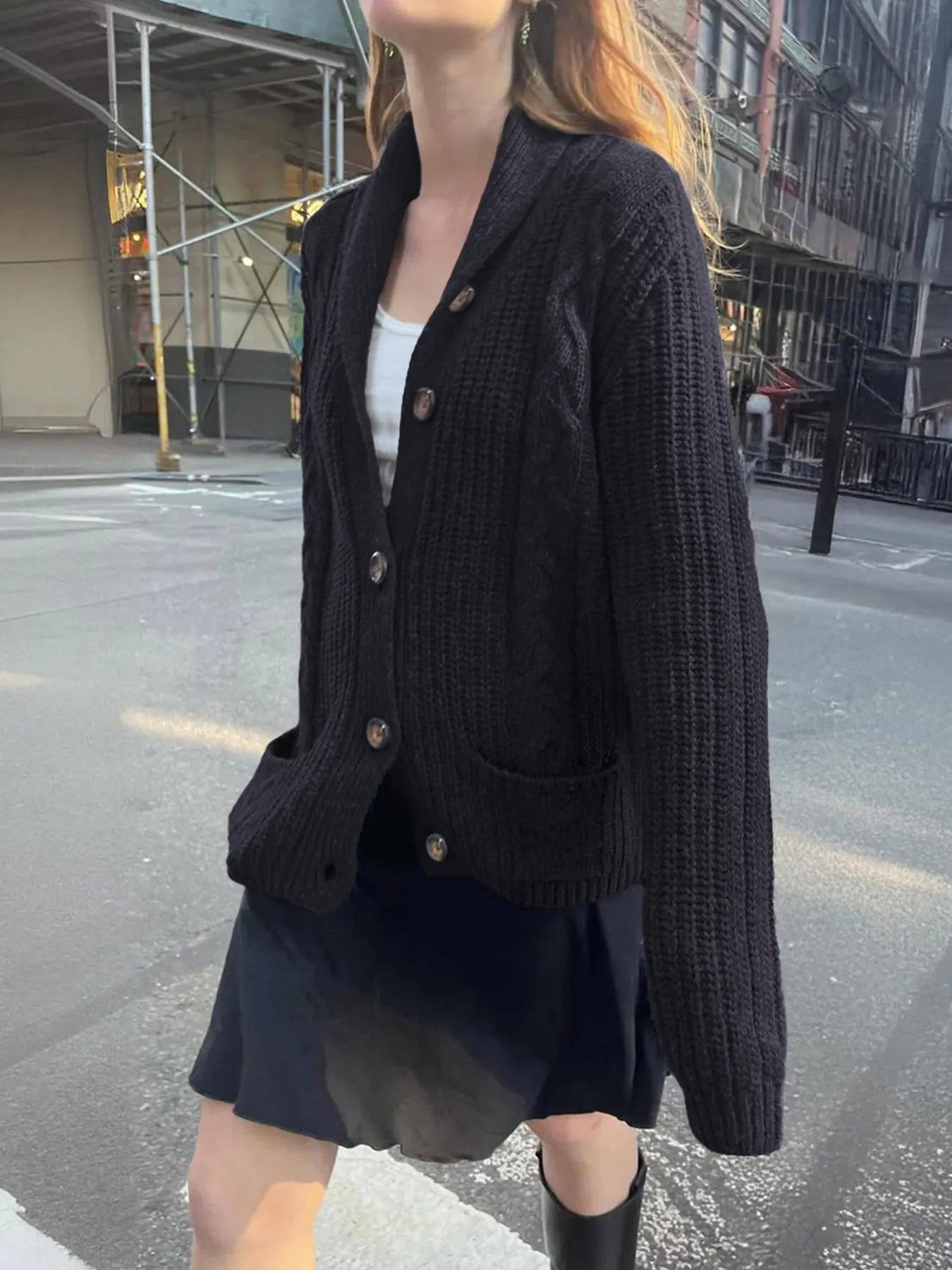 Navy Cable Knit Button Up Cardigan | Cardigans Daverri Fashions