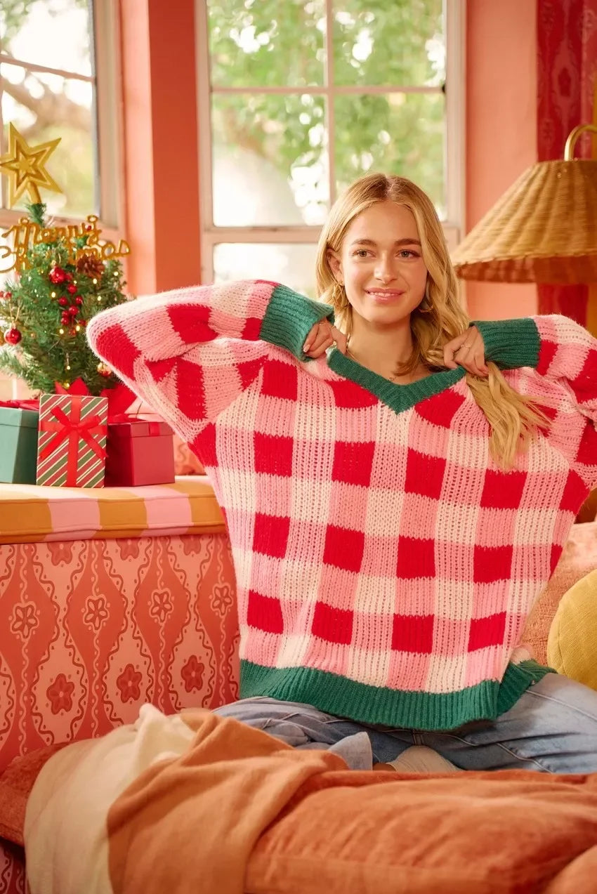 Red and green plaid V-neck BiBi Christmas checkerboard sweater