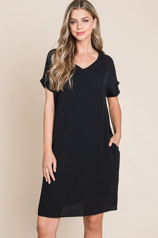 BOMBOM V-Neck Short Sleeve Dress with Pockets Black S