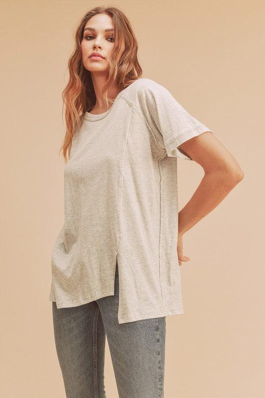 Aemi + Co Asymmetrical Front Slit Round Neck Raglan Sleeve T-Shirt T-Shirts