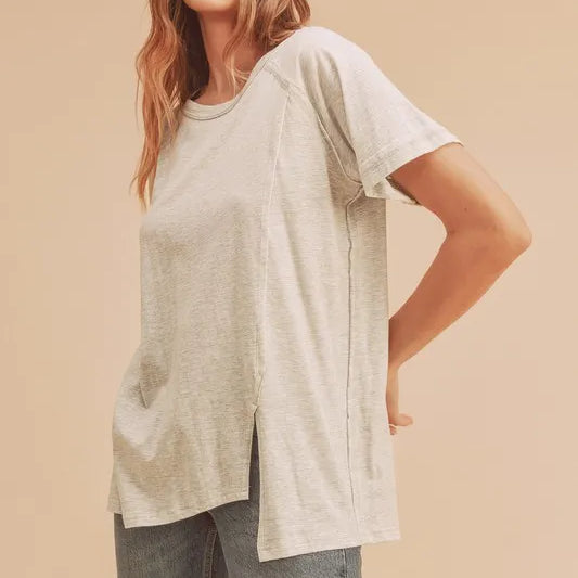 Aemi + Co Asymmetrical Front Slit Round Neck Raglan Sleeve T-Shirt | T-Shirts Daverri Fashions