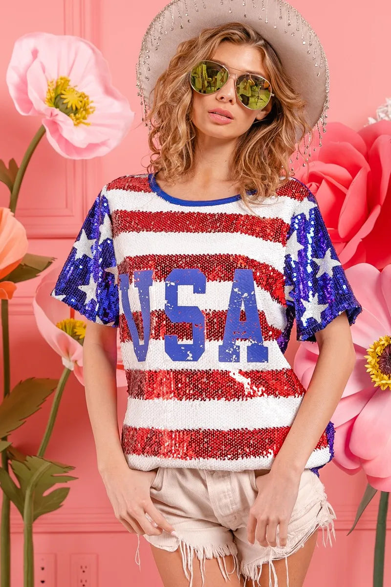 BiBi American Flag Theme USA Lettering Sequin Top Tops