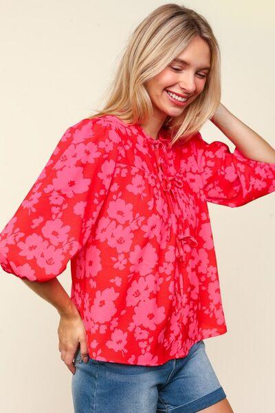 Haptics Full Size Ribbon Bow Floral Balloon Sleeve Blouse Blouses