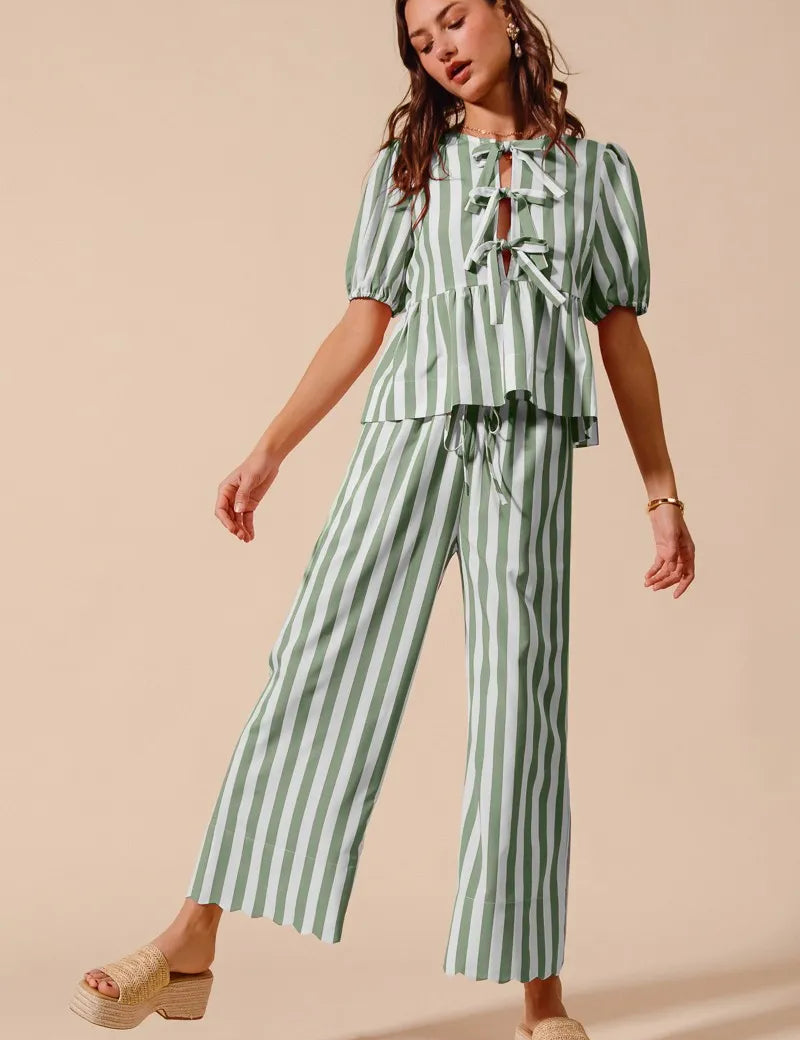 SAGE SO ME Front Tie Stripe Puff Sleeves Top and Wide Leg Pants Set | Outfit Sets Daverri Fashions