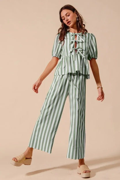 SO ME Front Tie Stripe Puff Sleeves Top and Wide Leg Pants Set - DAVERRI FASHIONS