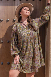 Plus Size Printed V-Neck Long Sleeve Midi Dress | Mini Dresses Daverri Fashions