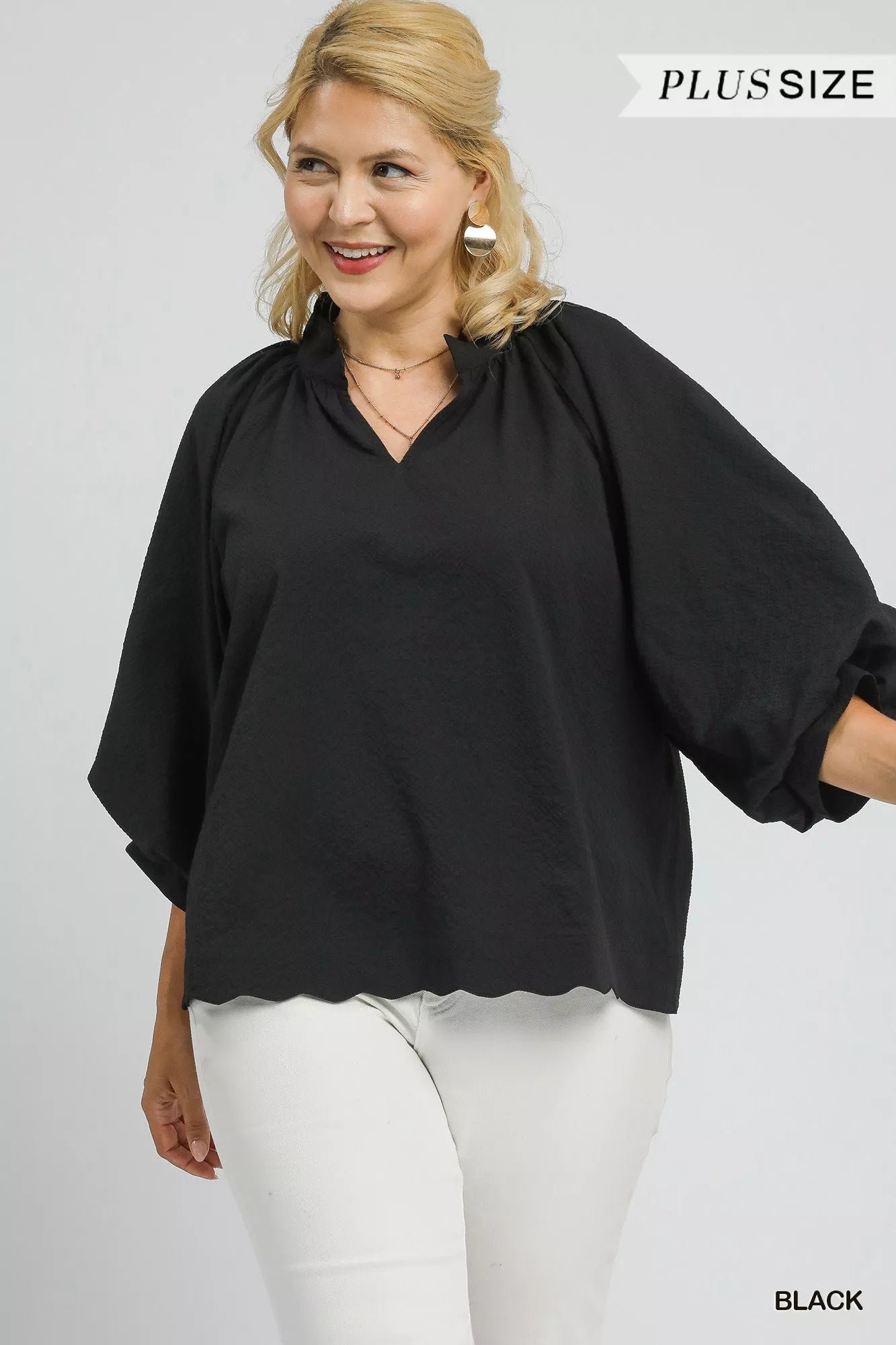 Umgee Full Size Textured Notched Balloon Sleeve Blouse Plus Size | Blouses Daverri Fashions