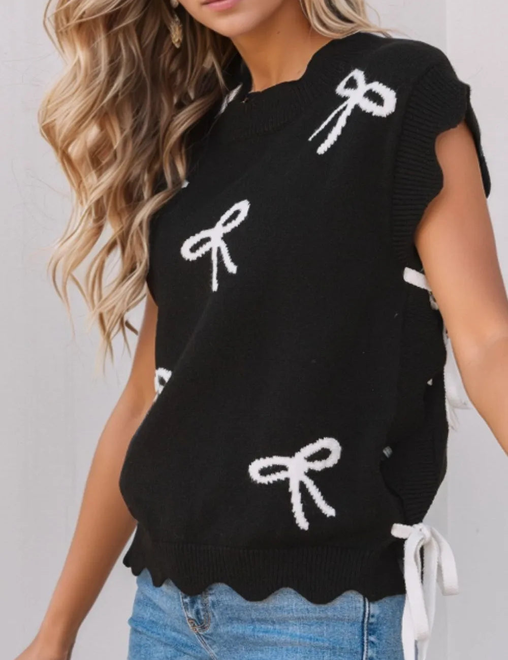 Bow Side Ties Scalloped Hem Cap Sleeve Sweater | Sweaters Daverri Fashions