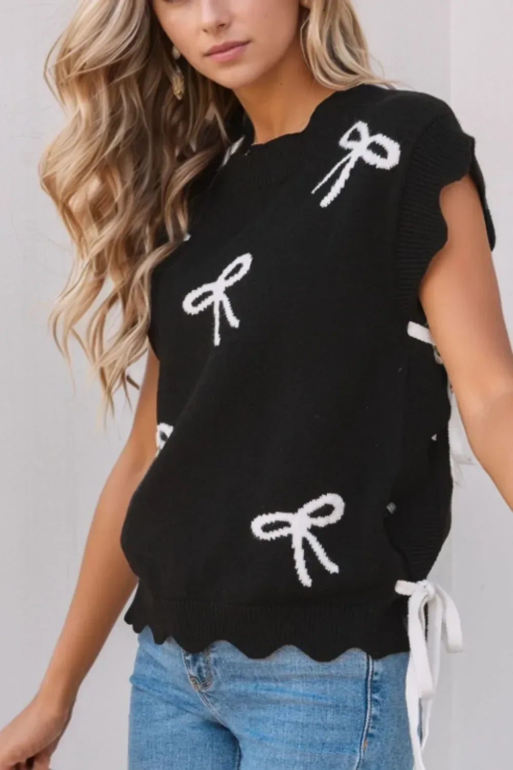 Bow Side Ties Scalloped Hem Cap Sleeve Sweater - DAVERRI FASHIONS