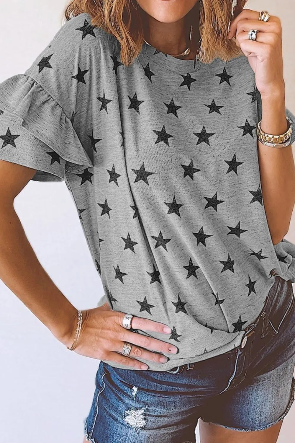 Gray star print tiered ruffled sleeve crew neck T-shirt