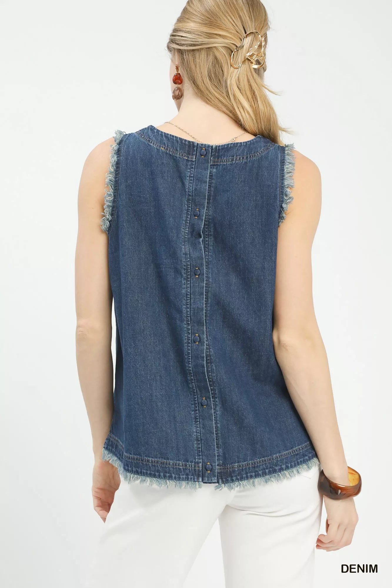 Umgee sleeveless fringe hem denim top in blue with frayed edges
