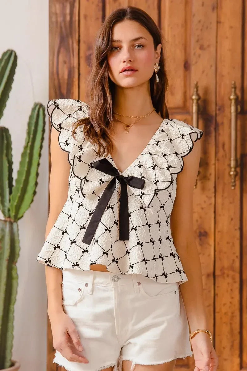 SO ME Bow Texture Jacquard Woven Top with Scallop and Tie - DAVERRI FASHIONS