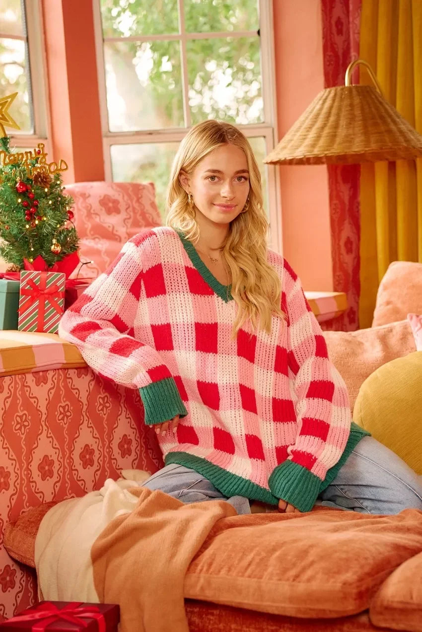Red and green plaid V-neck knit sweater, BiBi Christmas theme