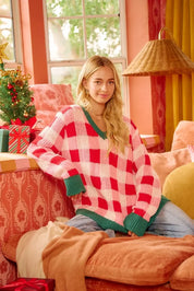 Red and green plaid V-neck knit sweater, BiBi Christmas theme