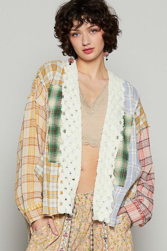 POL Raw Edge Plaid Open Front Cardigan YELLOW RED MULTI L Cardigans