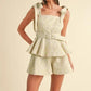 MABLE Jacquard Floral Peplum Top and Flare Shorts Set Sage Blush S Outfit Sets