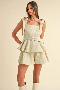 MABLE Jacquard Floral Peplum Top and Flare Shorts Set - DAVERRI FASHIONS