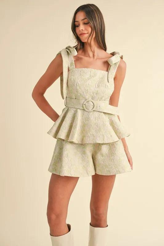 MABLE Jacquard Floral Peplum Top and Flare Shorts Set Sage Blush S Outfit Sets